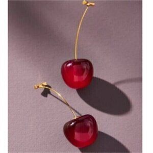 Red Cherry Design Long Gold Stem Statement Earrings
